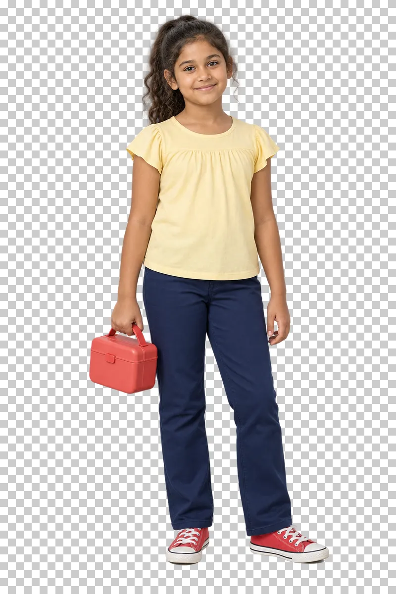Schoolgirl holding a lunchbox, shown in full with shoes and educational props.