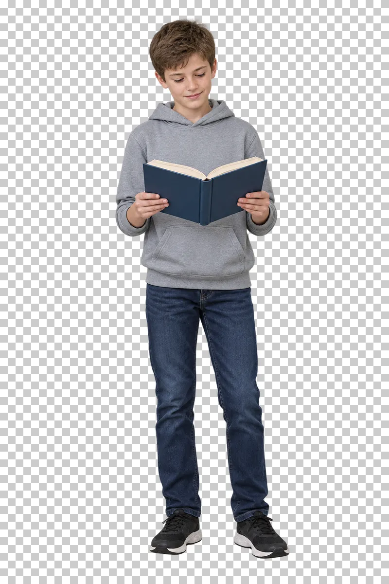 Schoolboy reading an open book, shown in full with shoes and educational props.