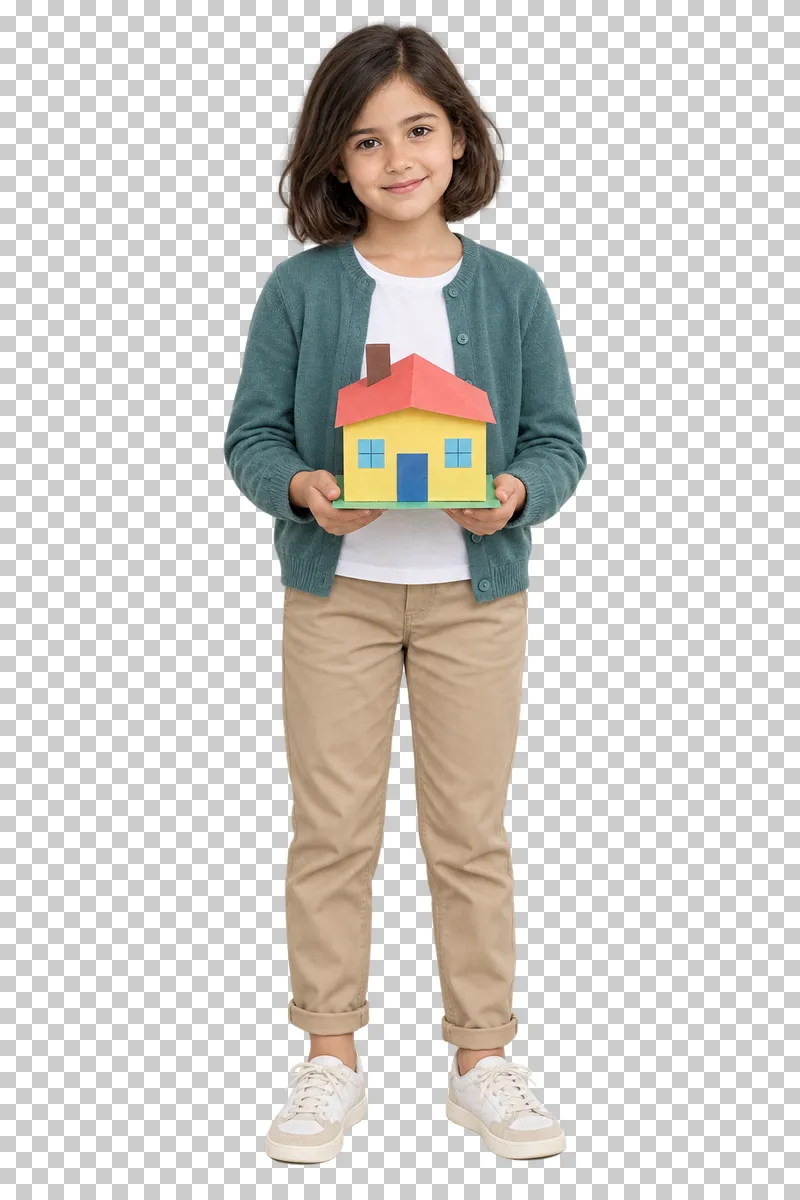 Schoolgirl holding a handmade paper model, shown in full with shoes and educational props.