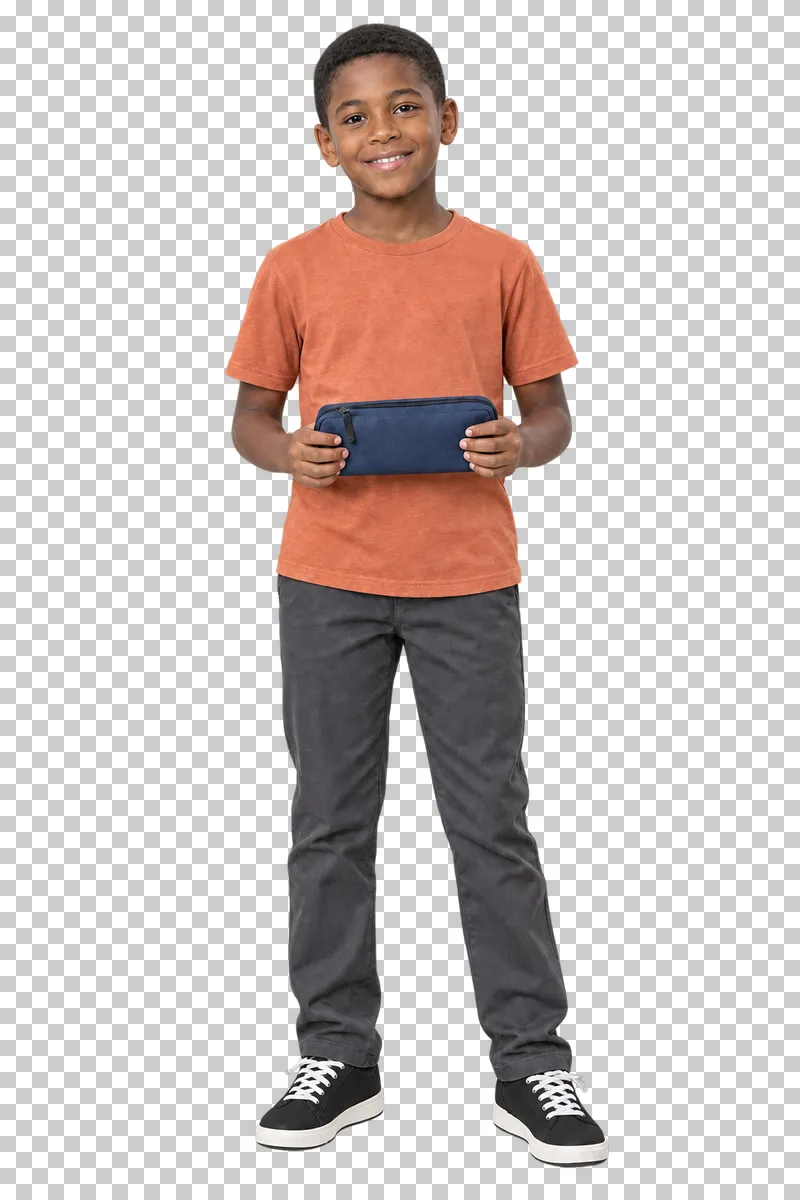 Schoolboy holding a pencil case, shown in full with shoes and educational props.