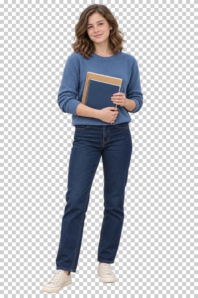 Teenage girl holding notebooks, shown in full with shoes and educational props.