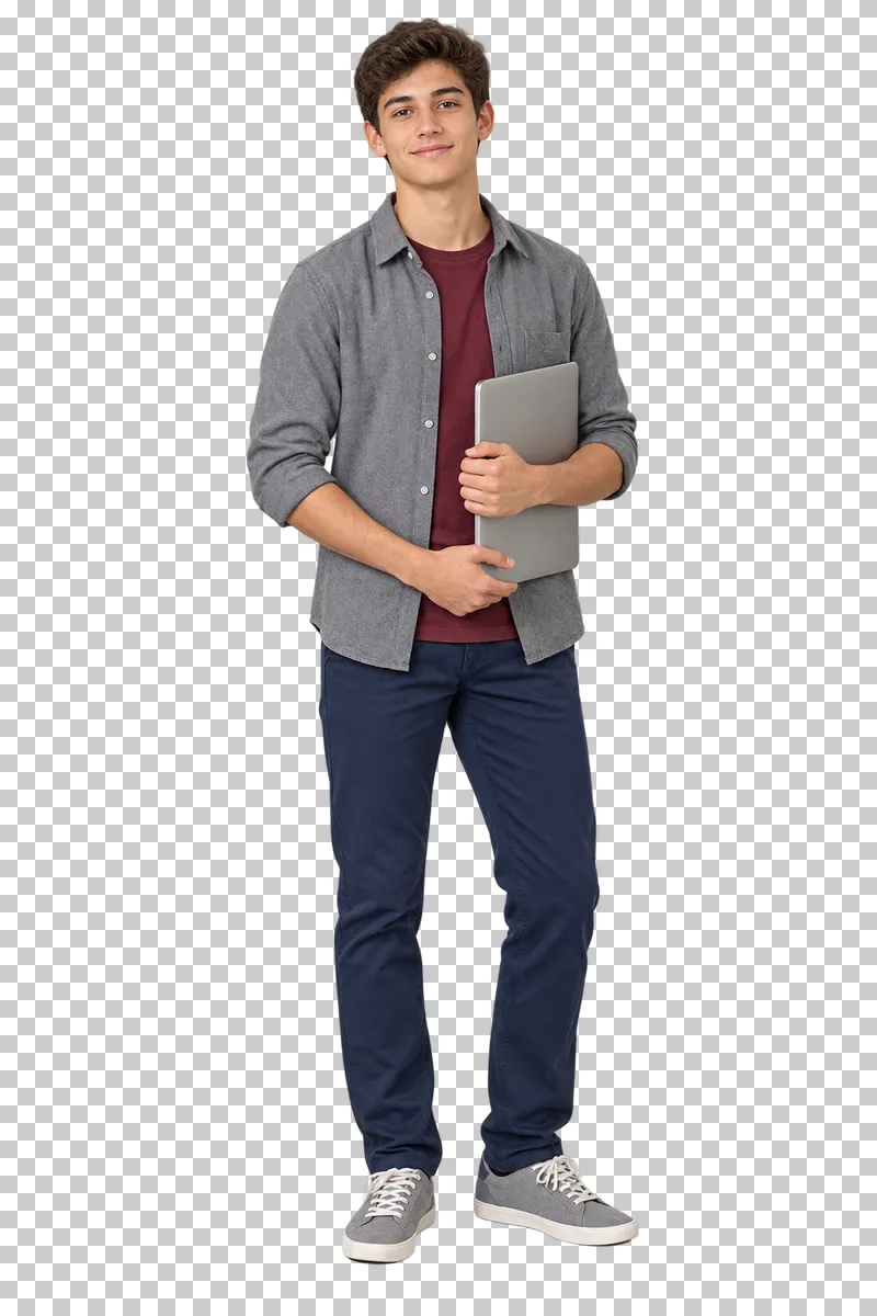 Teenage boy holding a closed laptop, shown in full with shoes and educational props.