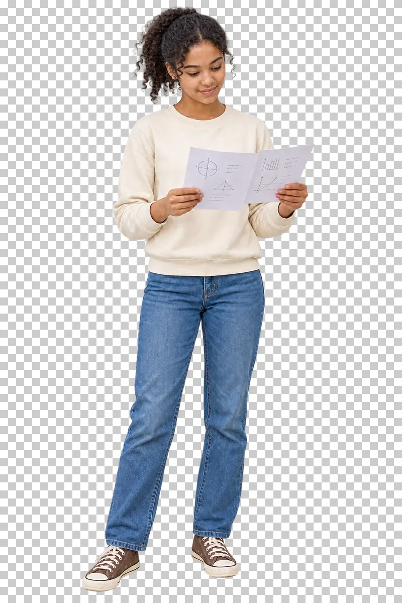 Teenage girl reading notes, shown in full with shoes and educational props.