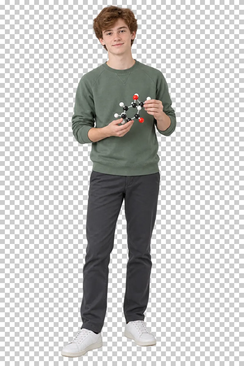 Teenage boy presenting a molecule model, shown in full with shoes and educational props.