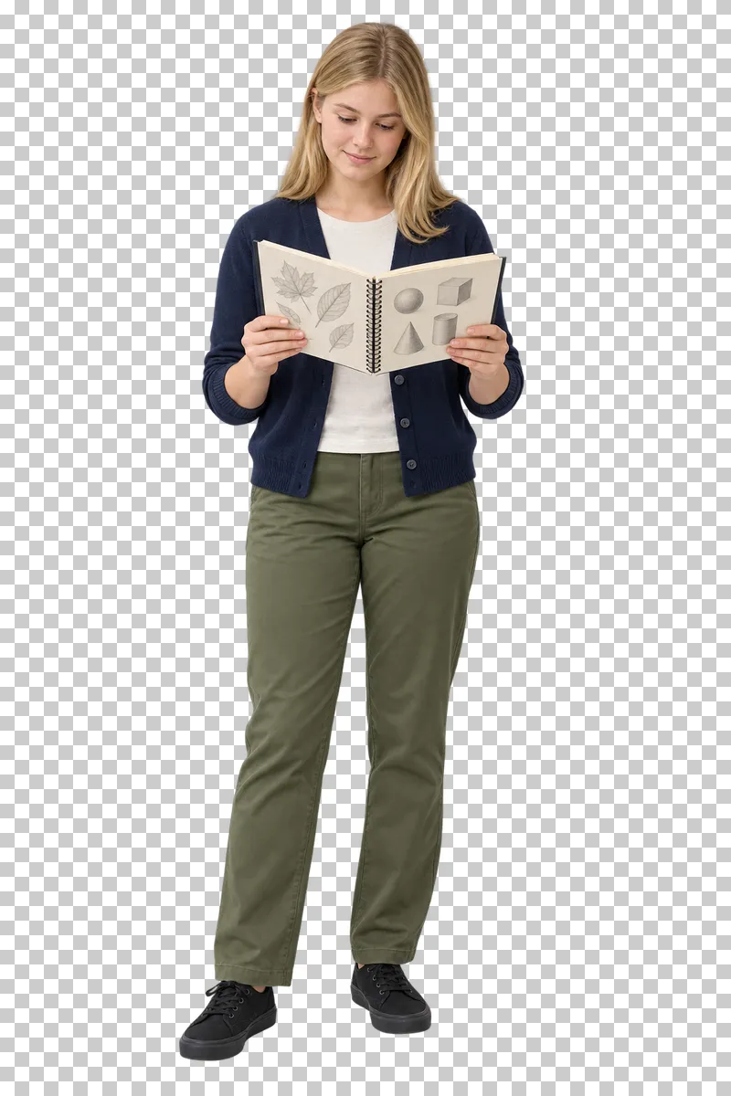 Teenage girl holding a sketchbook, shown in full with shoes and educational props.