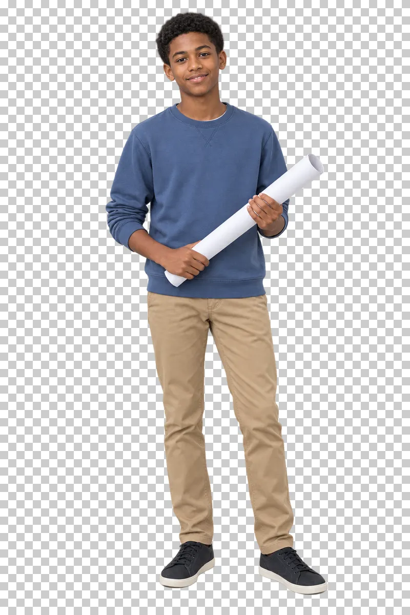 Teenage boy holding a rolled poster, shown in full with shoes and educational props.