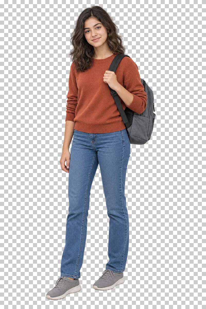 Teenage girl wearing a backpack on one shoulder, shown in full with shoes and educational props.
