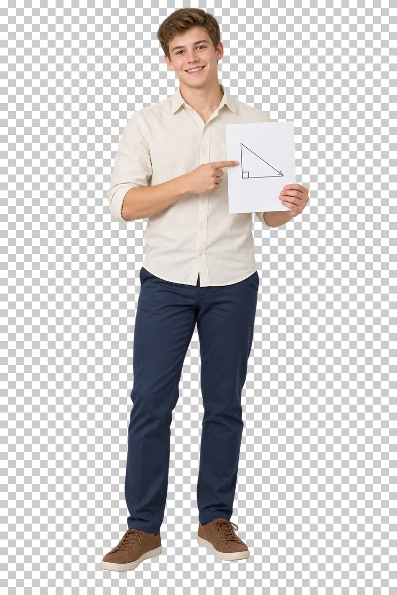 Teenage boy explaining a solution diagram on paper, shown in full with shoes and educational props.