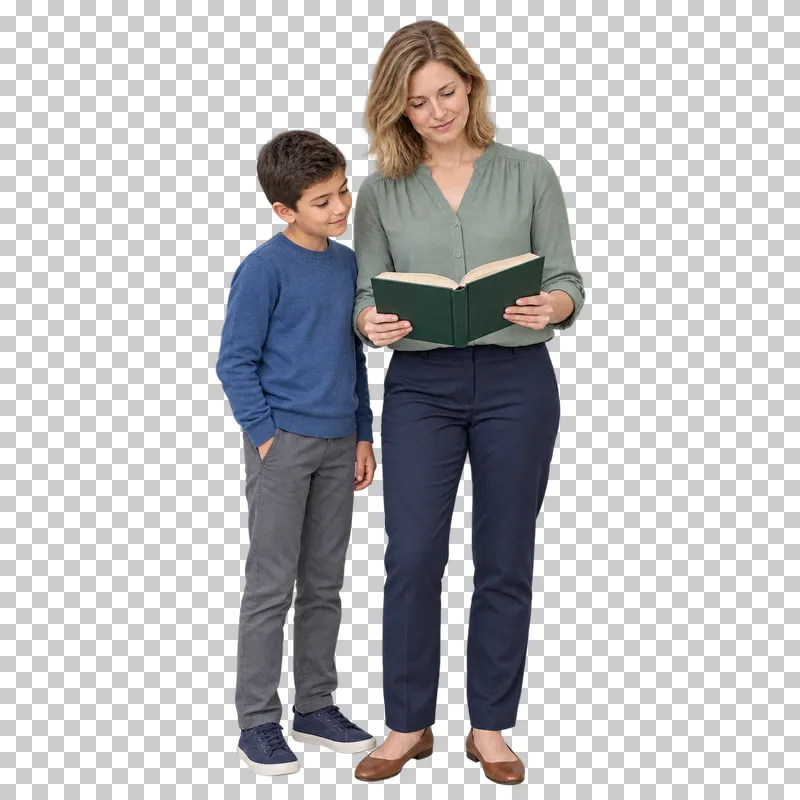 Female teacher showing a book to a child, shown in full with shoes and educational props.