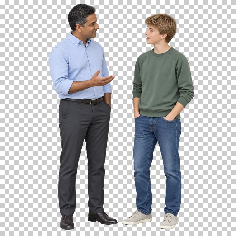 Male teacher talking with a teenage boy, shown in full with shoes and educational props.