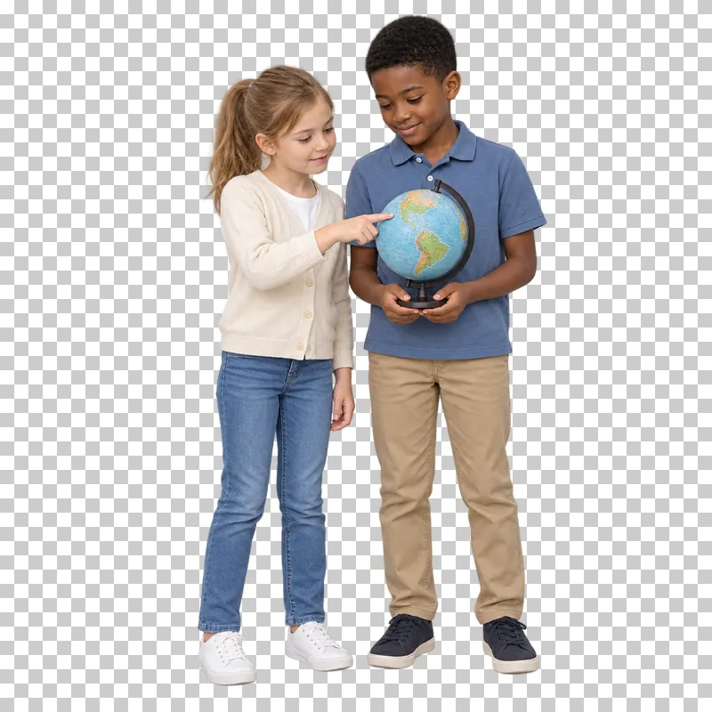 Two primary school students studying a globe, shown in full with shoes and educational props.