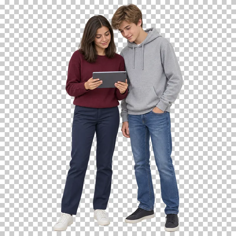Two teenagers viewing a tablet together, shown in full with shoes and educational props.