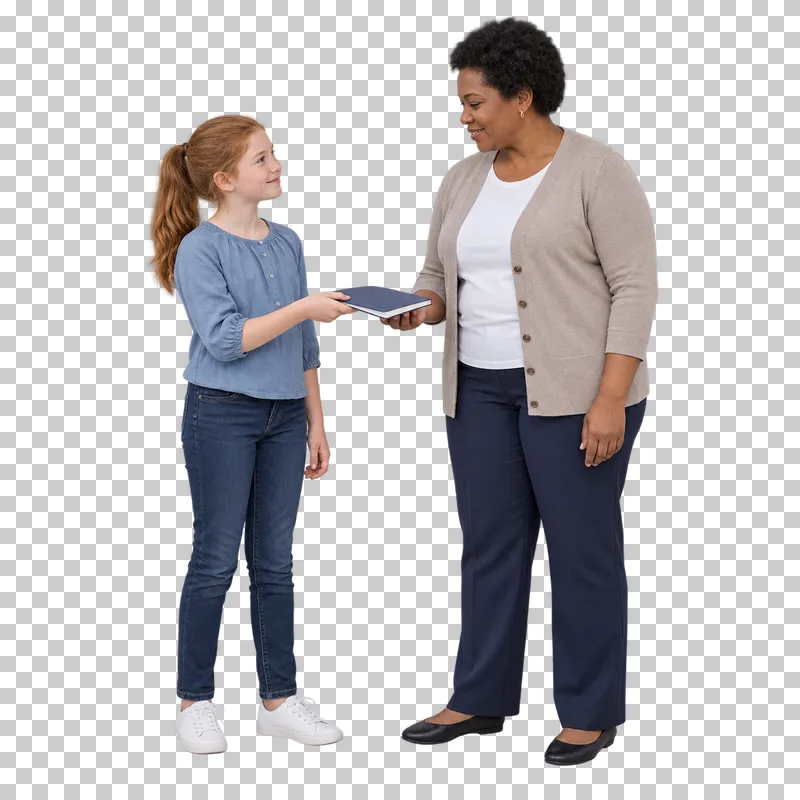 Schoolgirl handing a notebook to a female teacher, shown in full with shoes and educational props.