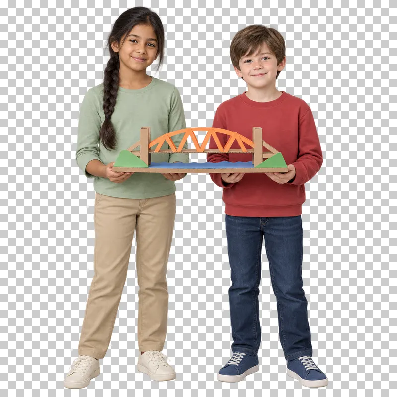 Two children presenting a shared handmade paper model, shown in full with shoes and educational props.