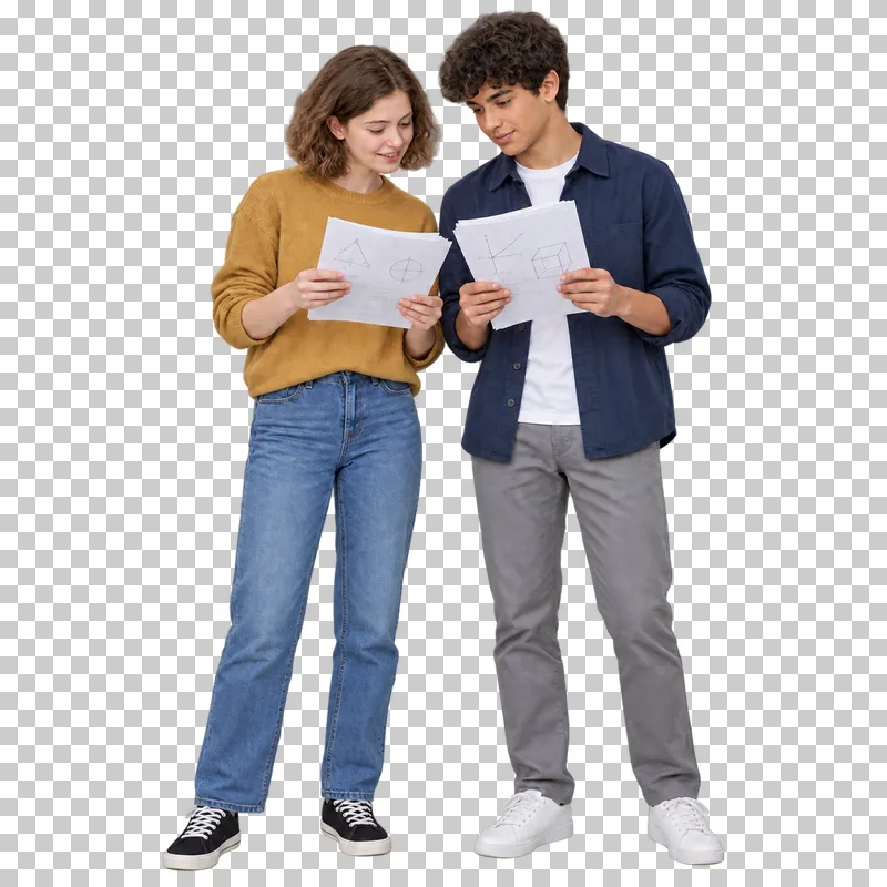 Two teenagers comparing notes, shown in full with shoes and educational props.