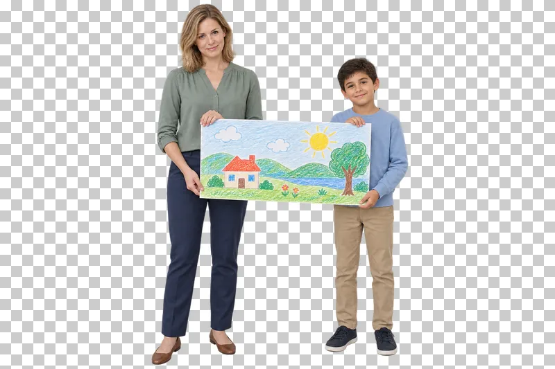 Female teacher helping a student hold a large drawing sheet, shown in full with shoes and educational props.
