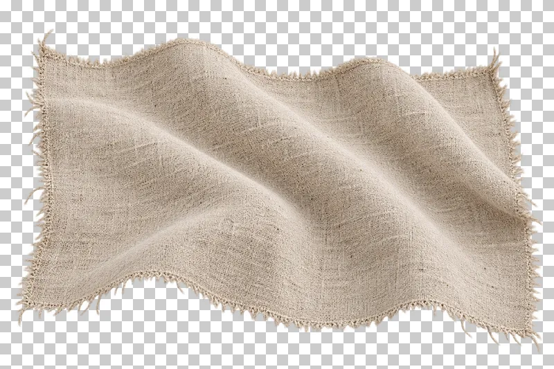 Linen cloth swatch in natural flax beige, arranged as loose drape with a broad shallow wave, with visible textile structure and transparent surroundings.