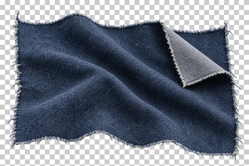 Denim swatch in indigo, arranged as diagonal bend exposing the reverse, with visible textile structure and transparent surroundings.