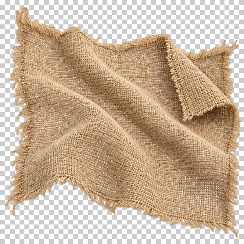 Jute burlap swatch in natural brown, arranged as irregular wave with frayed edges, with visible textile structure and transparent surroundings.