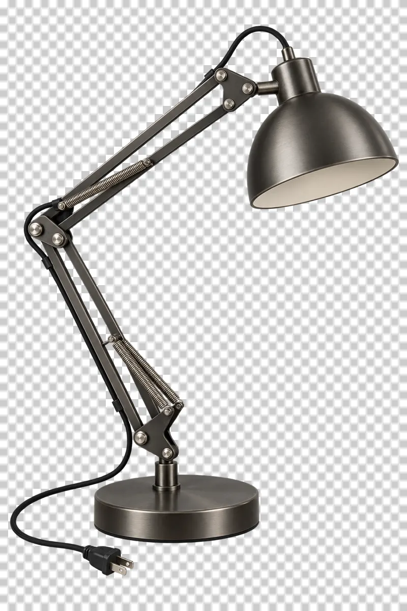An unlit articulated desk lamp with its complete fixture isolated on a transparent background.
