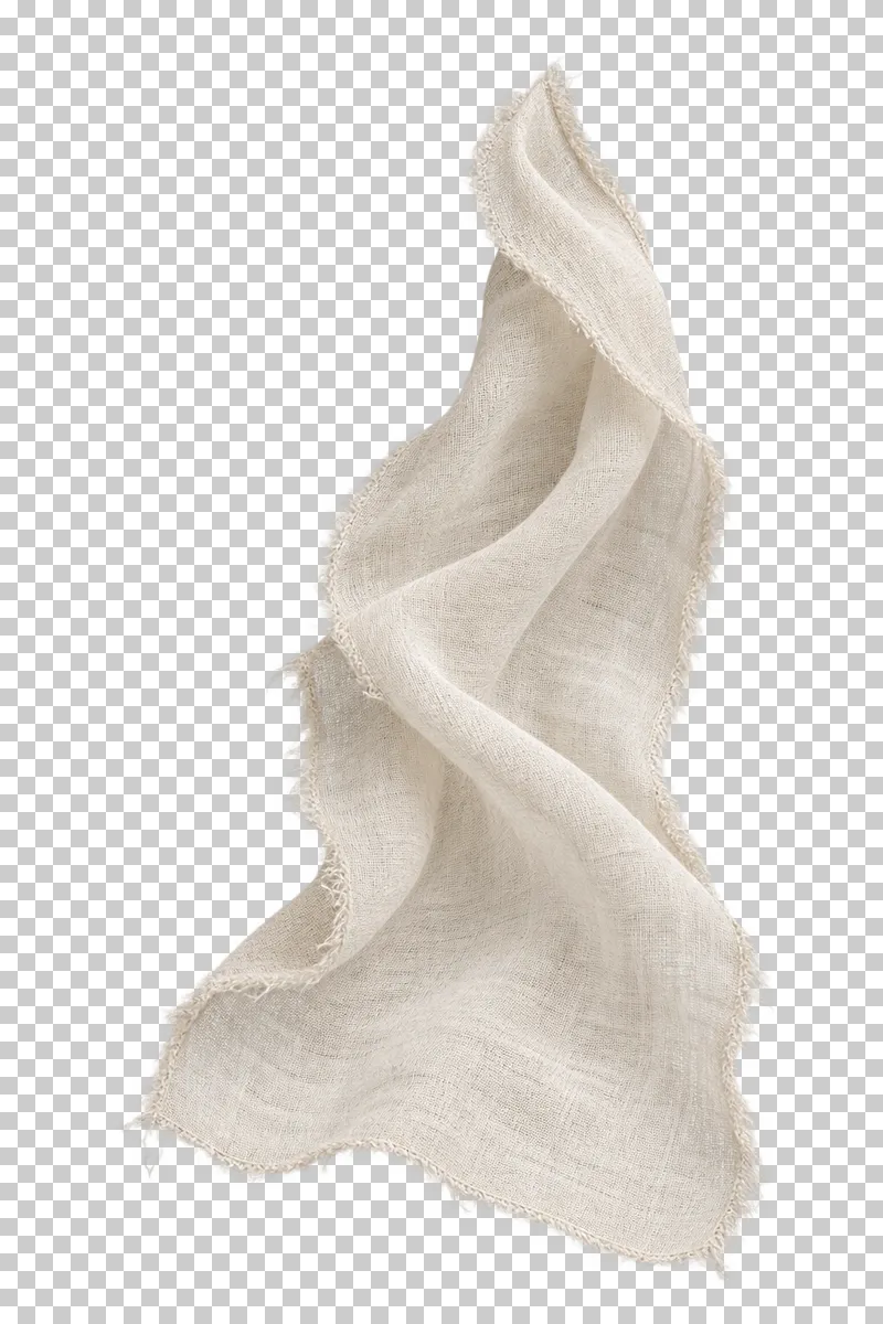 Cotton muslin swatch in warm white, arranged as loose twist with soft hanging folds, with visible textile structure and transparent surroundings.