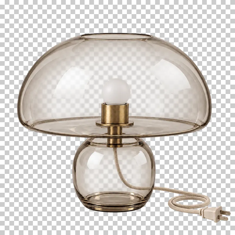 An unlit glass mushroom table lamp with its complete fixture isolated on a transparent background.