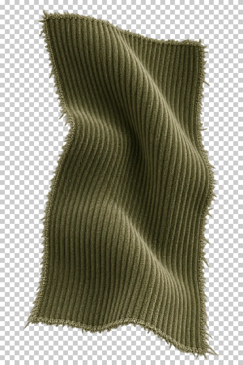 Corduroy swatch in olive, arranged as arch exposing continuous wales, with visible textile structure and transparent surroundings.