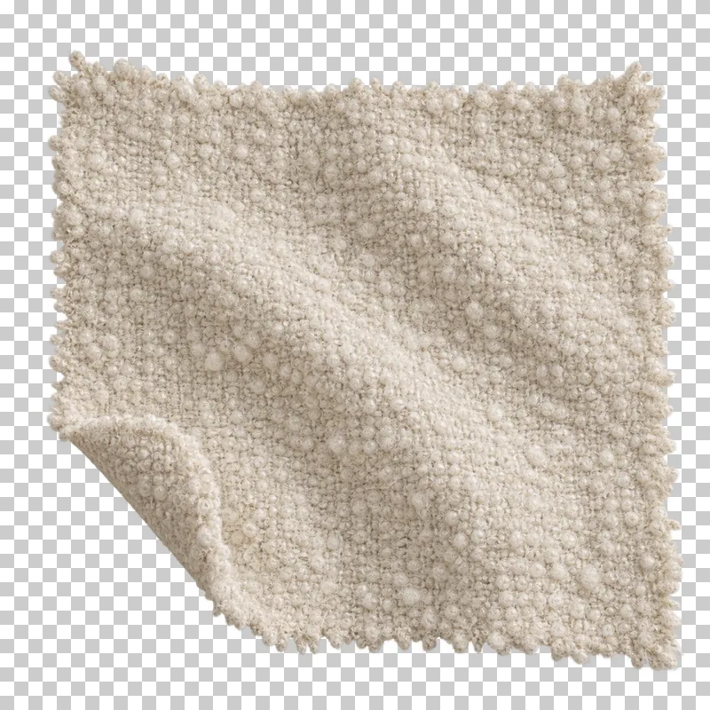 Boucle swatch in ivory, arranged as compact swatch with a lifted corner, with visible textile structure and transparent surroundings.