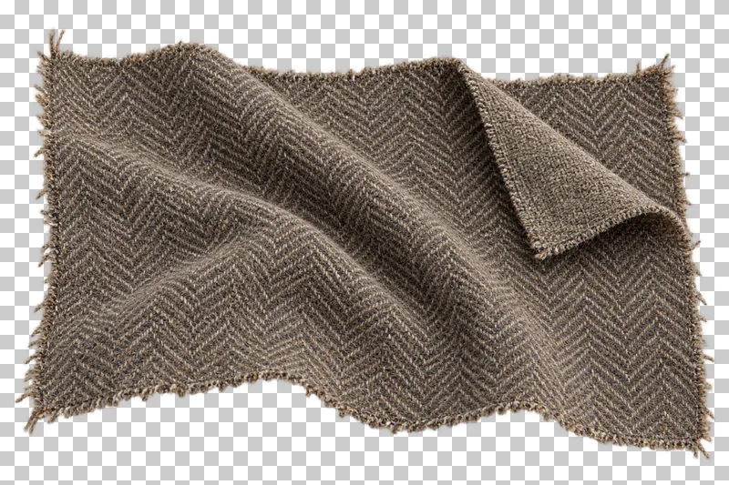 Tweed swatch in brown-gray melange, arranged as diagonal fold, with visible textile structure and transparent surroundings.