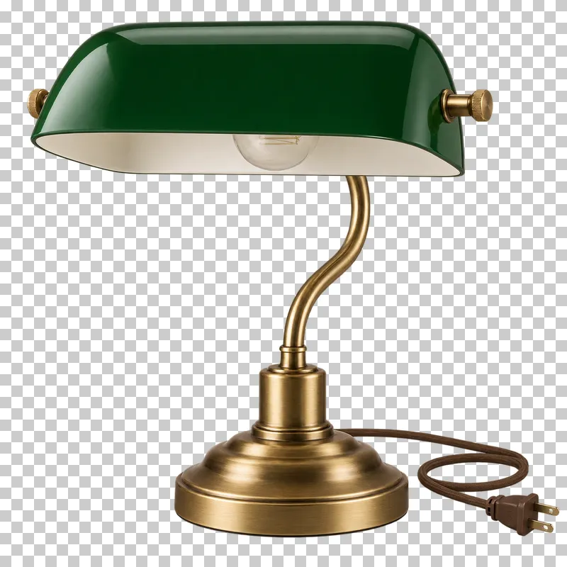 An unlit green metal banker lamp with its complete fixture isolated on a transparent background.