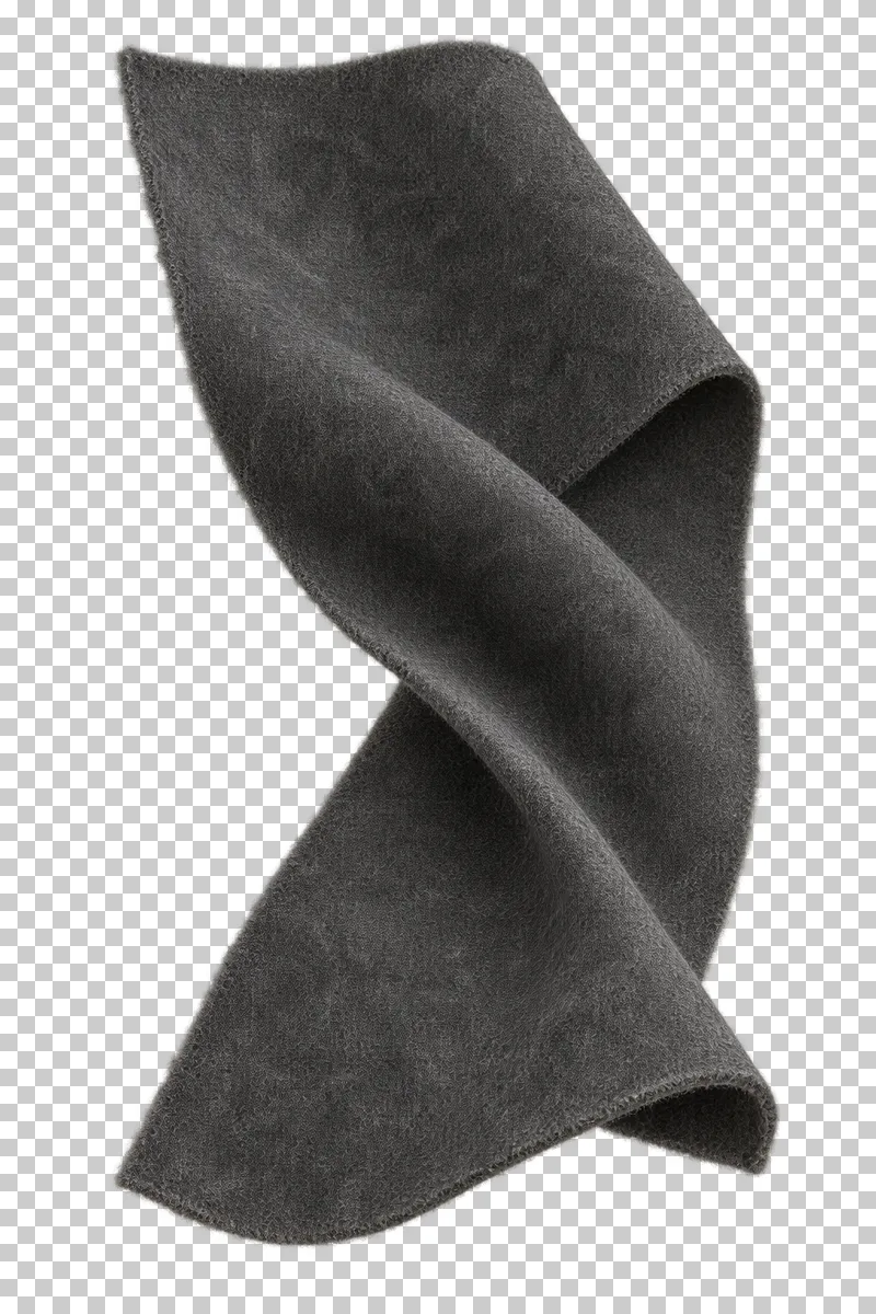 Wool felt swatch in charcoal, arranged as gentle twist in a thick swatch, with visible textile structure and transparent surroundings.