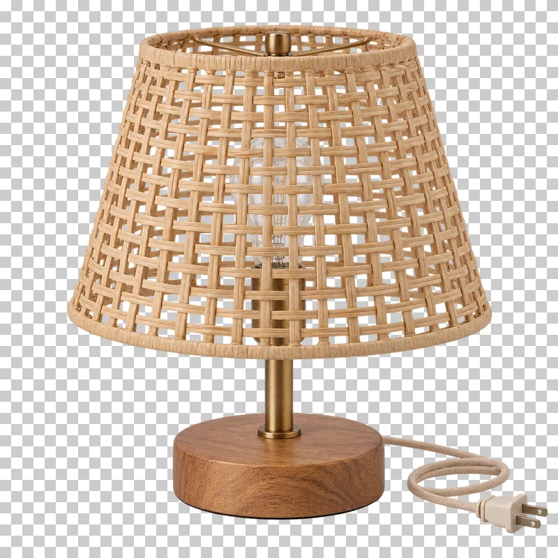 An unlit small table lamp with woven shade with its complete fixture isolated on a transparent background.