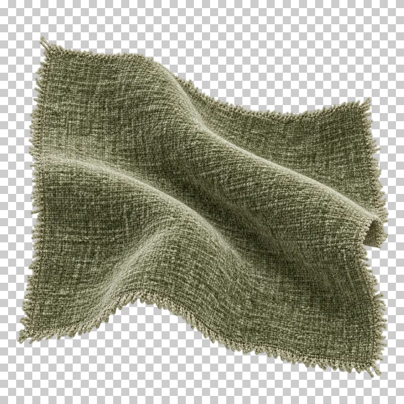 Chenille swatch in muted green, arranged as soft s-shaped bend, with visible textile structure and transparent surroundings.