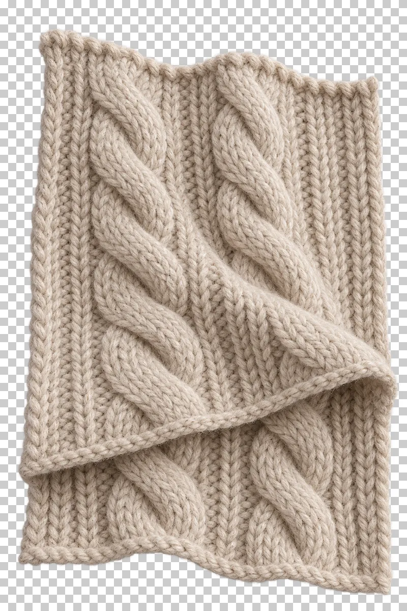 Chunky cable knit swatch in oatmeal, arranged as thick transverse fold, with visible textile structure and transparent surroundings.