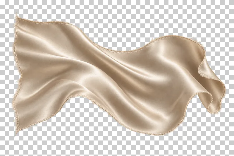 Silk satin swatch in champagne, arranged as flowing lustrous wave, with visible textile structure and transparent surroundings.