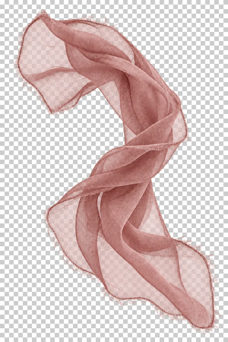 Chiffon swatch in dusty rose, arranged as loose twist with overlapping translucent layers, with visible textile structure and transparent surroundings.