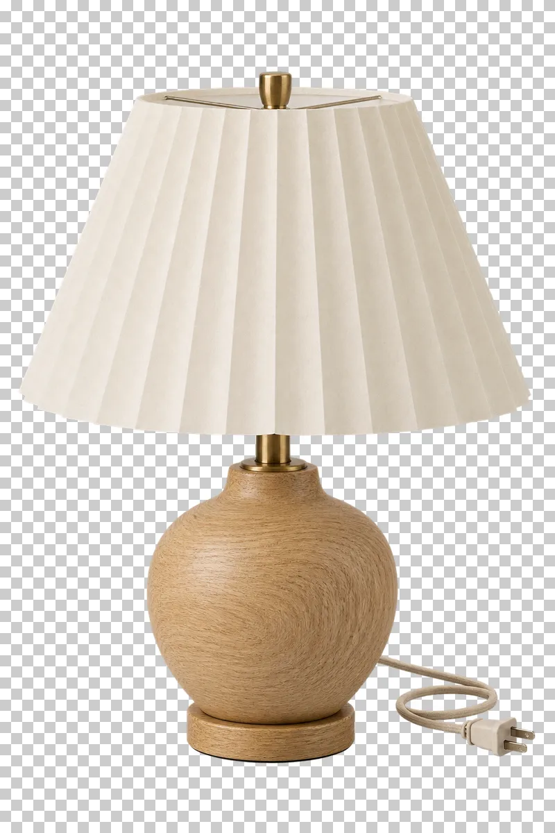 An unlit wood base table lamp with paper shade with its complete fixture isolated on a transparent background.