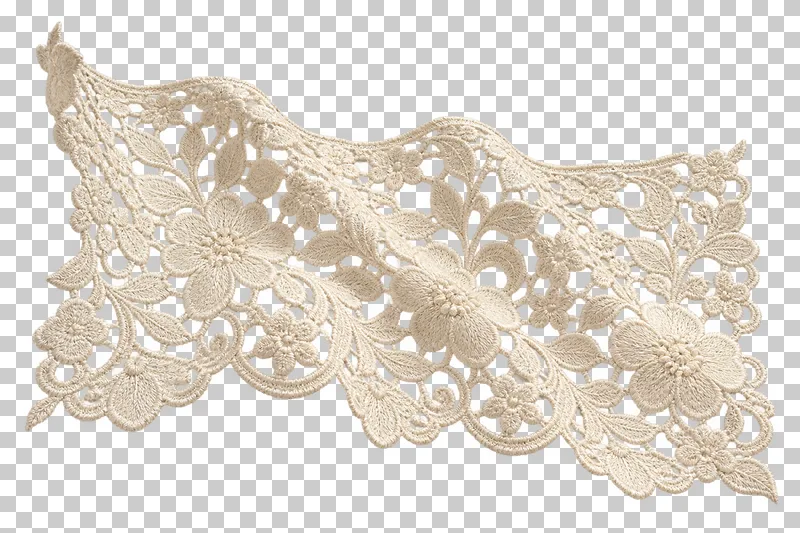 Guipure lace swatch in ivory, arranged as single wave with an openwork scalloped edge, with visible textile structure and transparent surroundings.
