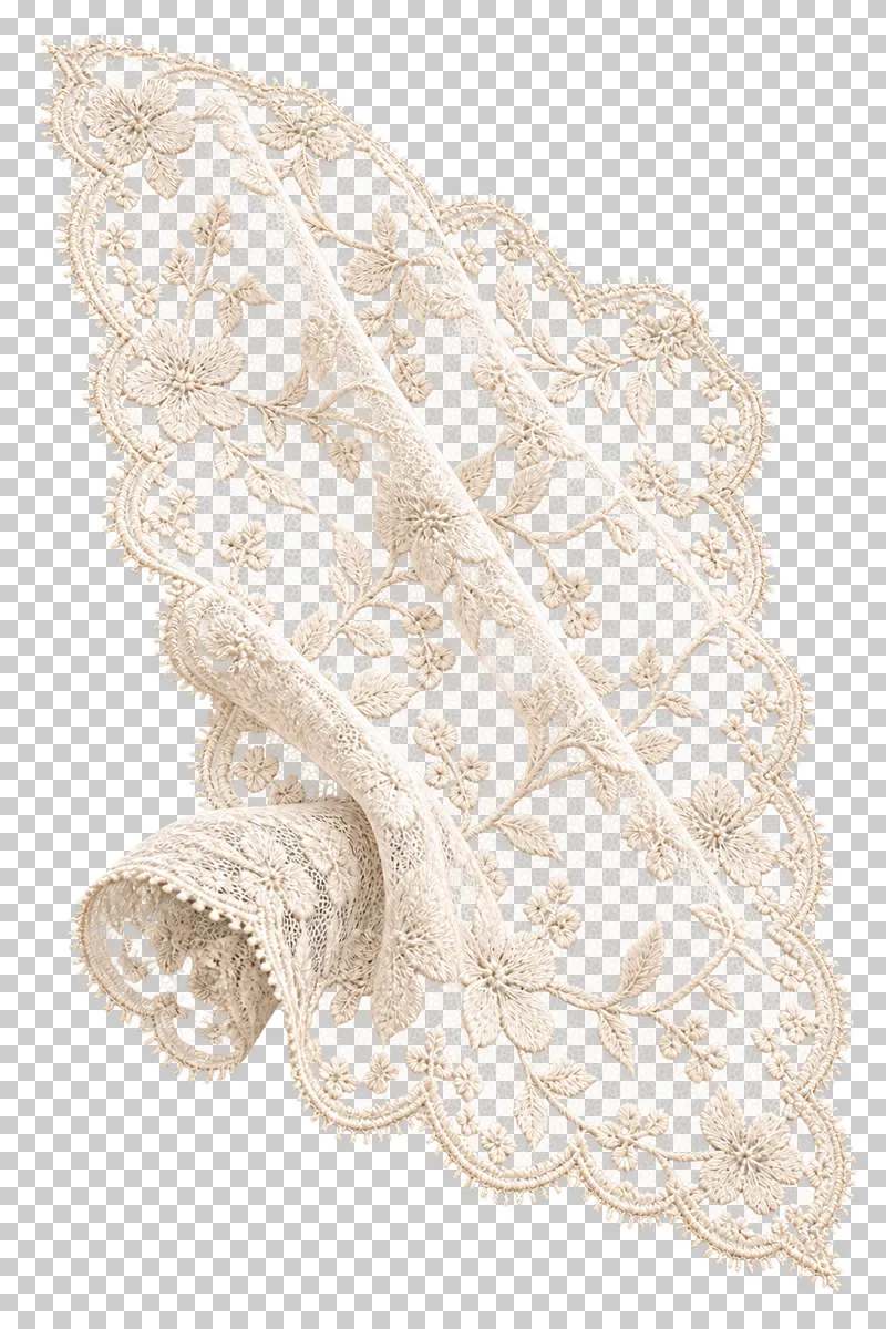 Lace on mesh swatch in warm white, arranged as diagonal drape with a rolled corner, with visible textile structure and transparent surroundings.