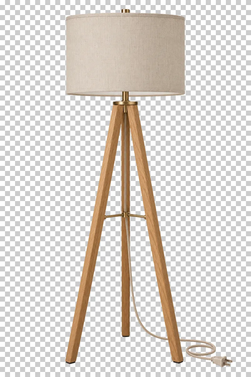 An unlit tripod floor lamp with its complete fixture isolated on a transparent background.