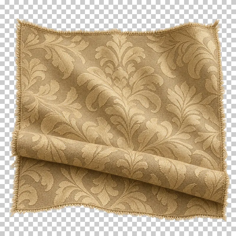 Jacquard swatch in muted gold, arranged as shallow fold exposing the woven pattern, with visible textile structure and transparent surroundings.