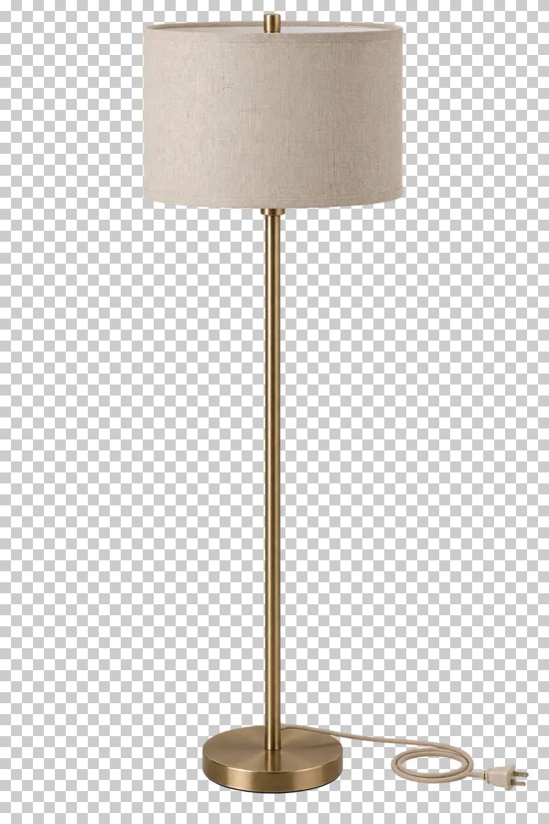 An unlit large drum shade floor lamp with its complete fixture isolated on a transparent background.