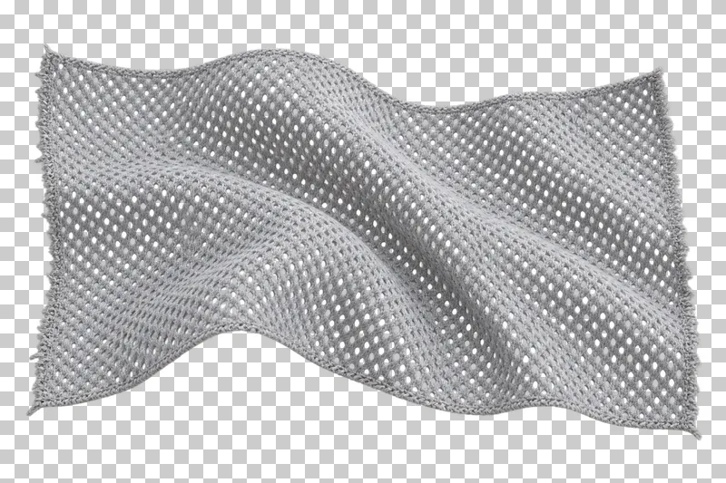 Sports mesh swatch in cool gray, arranged as broad arch exposing open holes, with visible textile structure and transparent surroundings.