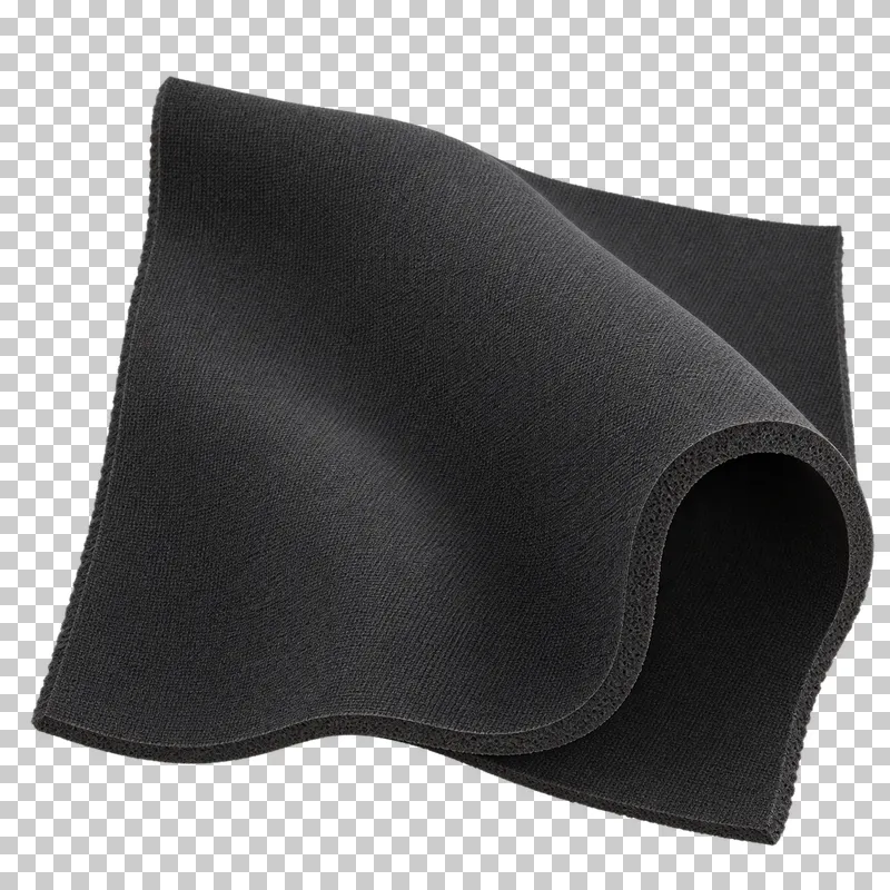 Neoprene swatch in dark charcoal, arranged as thick bend exposing the foam cross-section, with visible textile structure and transparent surroundings.