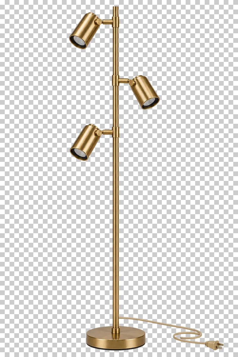 An unlit floor lamp with three adjustable spotlights with its complete fixture isolated on a transparent background.