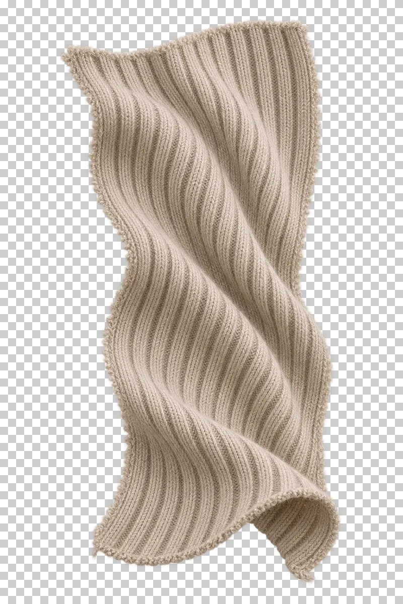 Rib knit swatch in beige, arranged as narrow twist with continuous ribs, with visible textile structure and transparent surroundings.