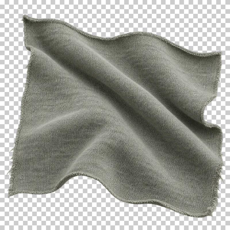 Stretch jersey swatch in gray-green, arranged as loose diagonal wave with a curling cut edge, with visible textile structure and transparent surroundings.