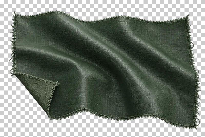 Waterproof coated fabric swatch in deep forest green, arranged as broad crease with a turned-back corner, with visible textile structure and transparent surroundings.