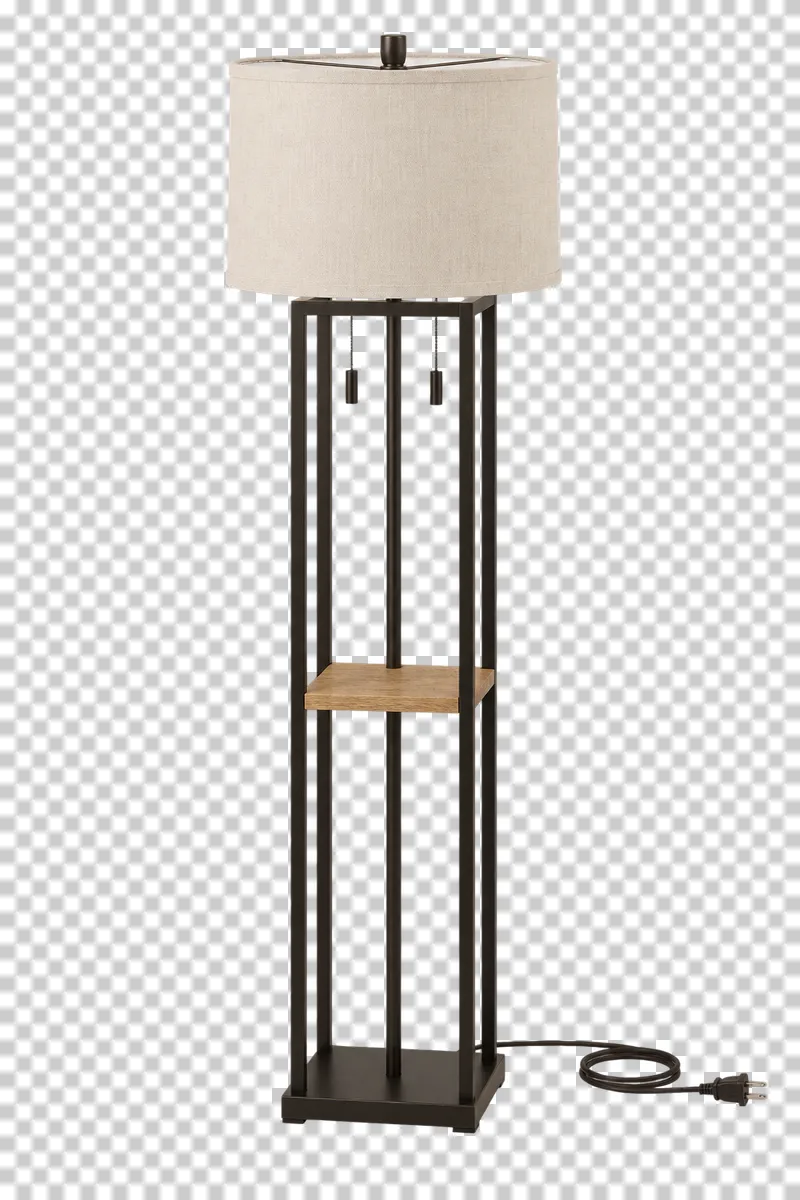 An unlit floor lamp with integrated shelf with its complete fixture isolated on a transparent background.