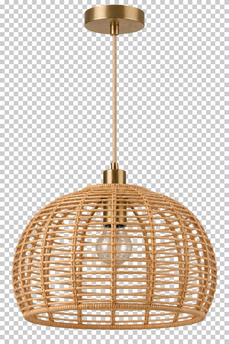 An unlit woven rattan pendant with its complete fixture isolated on a transparent background.